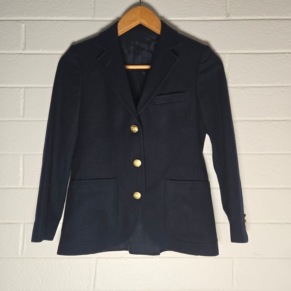 Vtg Stanley Blacker Navy Wool Blazer XS Gold Crest Buttons Dark Academia Preppy